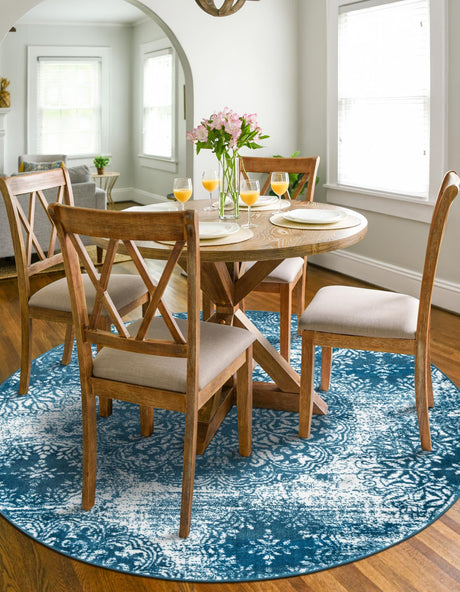 Blue 5' 3 x 5' 3 Sofia Round Area Rug Durable Easy Clean Stain Resistant Unique Carpet for Affordable Interior Home Design for Sale at Rug Engine