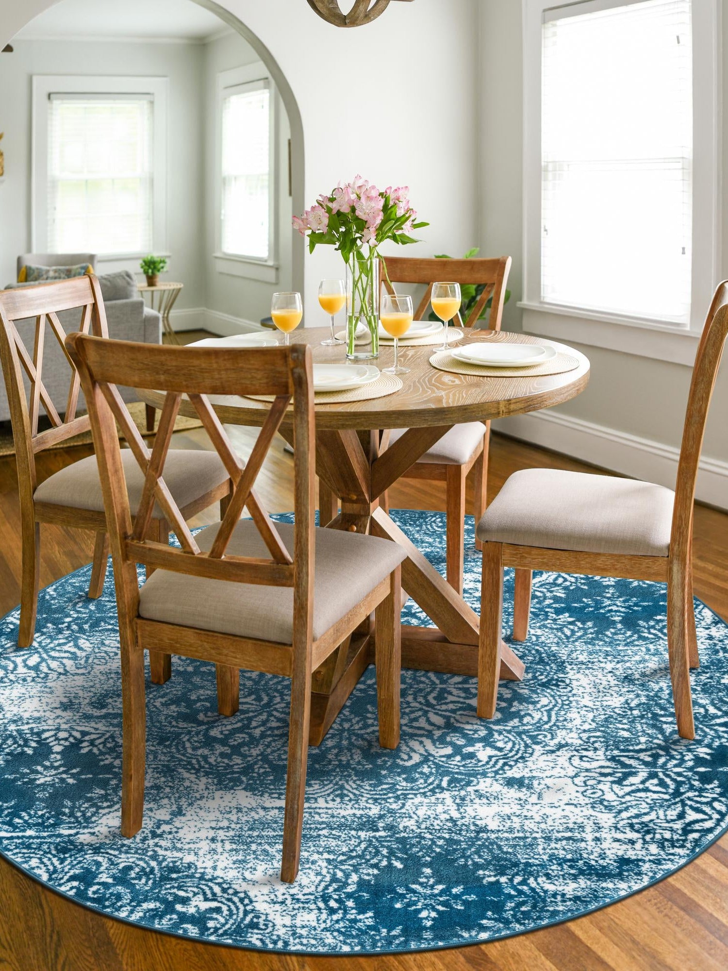 Blue 7' 1 x 7' 1 Sofia Round Area Rug Durable Easy Clean Stain Resistant Unique Carpet for Affordable Interior Home Design for Sale at Rug Engine
