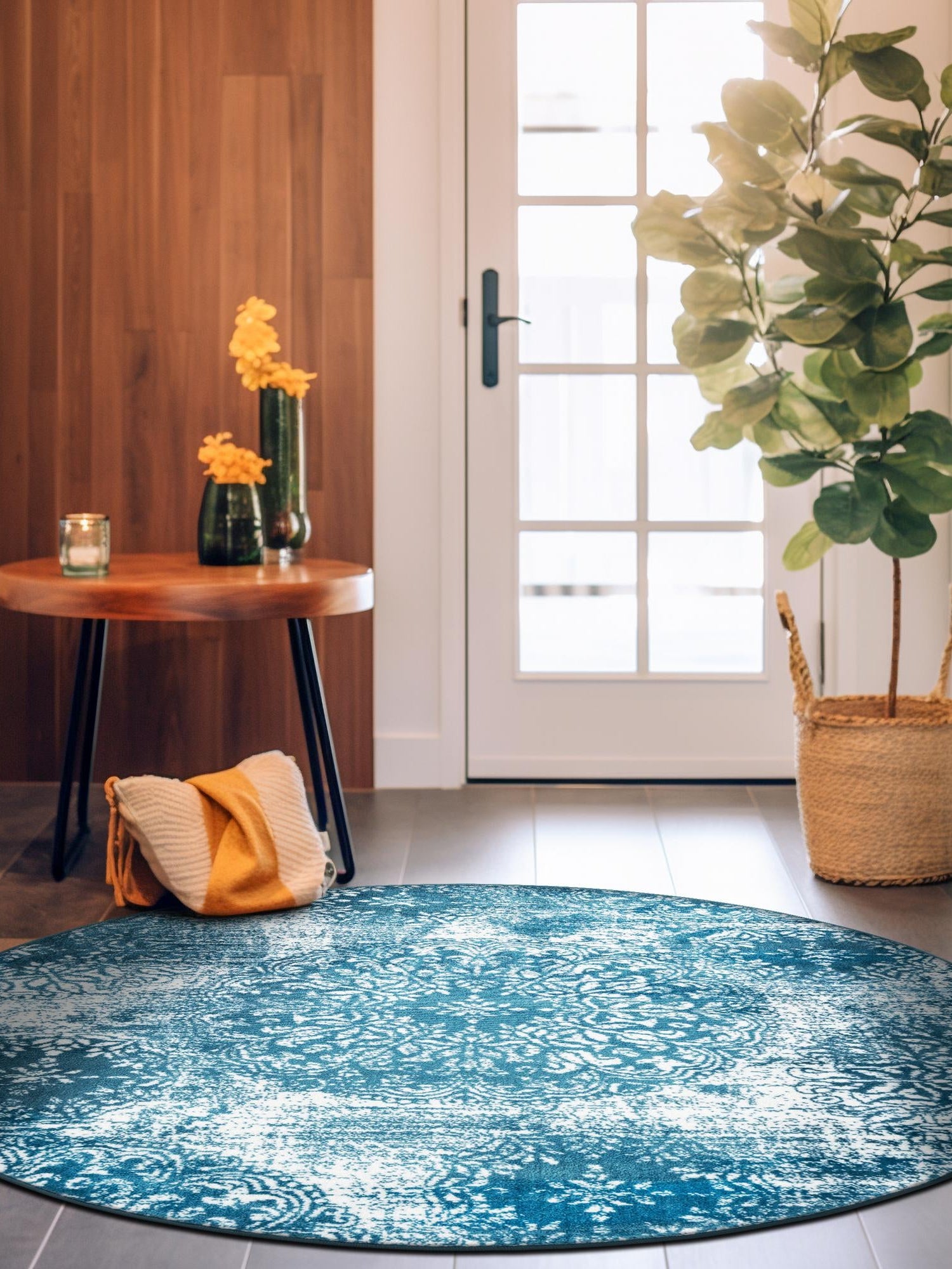 Blue 7' 1 x 7' 1 Sofia Round Area Rug Durable Easy Clean Stain Resistant Unique Carpet for Affordable Interior Home Design for Sale at Rug Engine