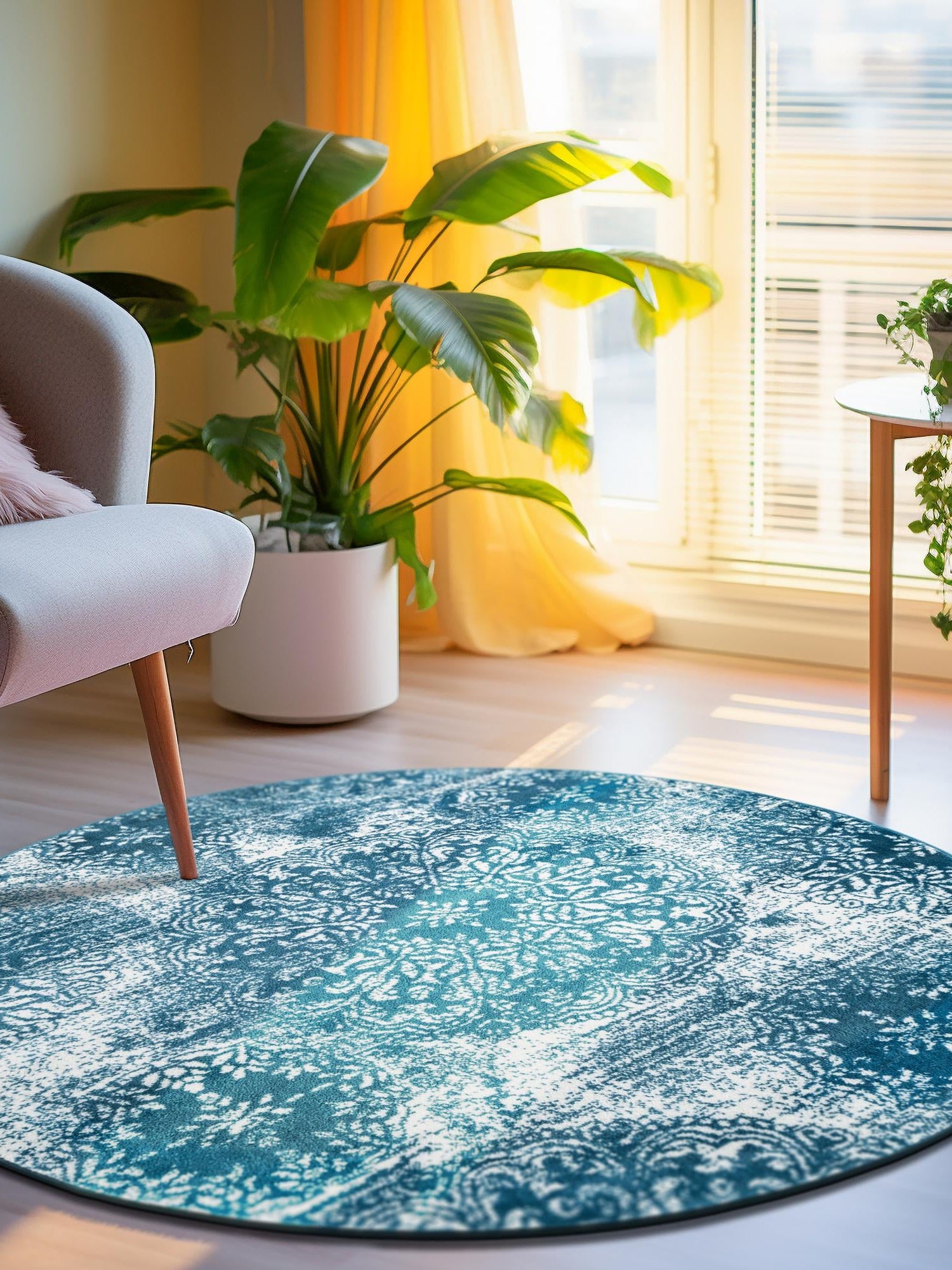 Blue 7' 1 x 7' 1 Sofia Round Area Rug Durable Easy Clean Stain Resistant Unique Carpet for Affordable Interior Home Design for Sale at Rug Engine