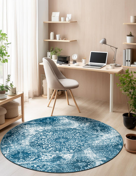 Blue 7' 1 x 7' 1 Sofia Round Area Rug Durable Easy Clean Stain Resistant Unique Carpet for Affordable Interior Home Design for Sale at Rug Engine