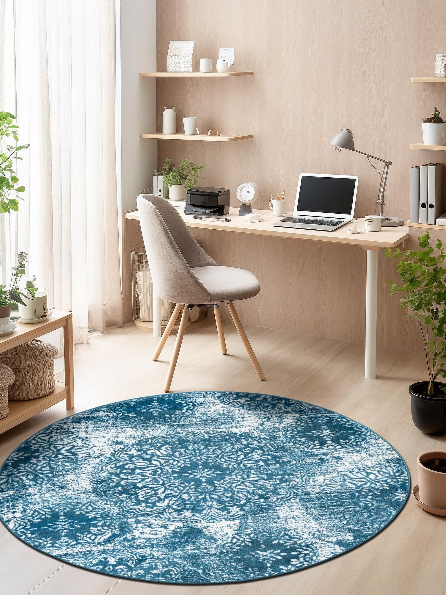 Blue 5' 3 x 5' 3 Sofia Round Area Rug Durable Easy Clean Stain Resistant Unique Carpet for Affordable Interior Home Design for Sale at Rug Engine
