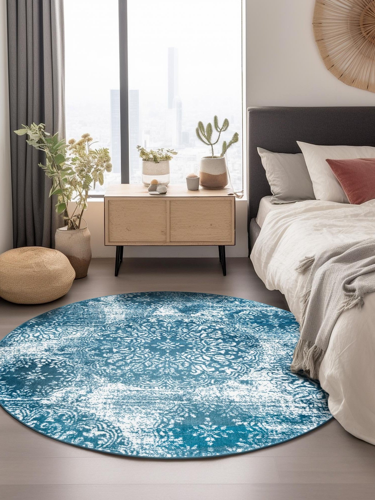 Blue 5' 3 x 5' 3 Sofia Round Area Rug Durable Easy Clean Stain Resistant Unique Carpet for Affordable Interior Home Design for Sale at Rug Engine