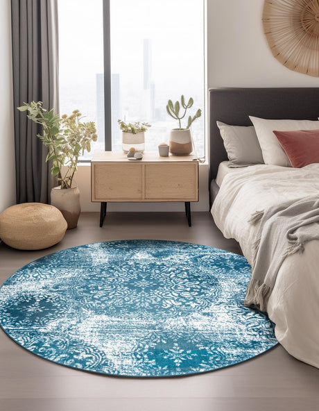 Blue 5' 3 x 5' 3 Sofia Round Area Rug Durable Easy Clean Stain Resistant Unique Carpet for Affordable Interior Home Design for Sale at Rug Engine