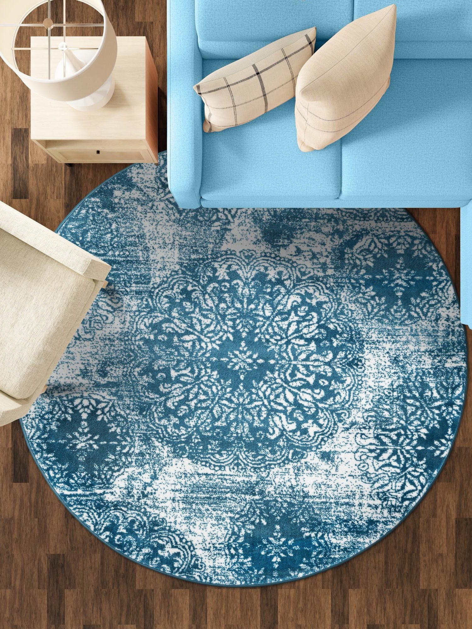 Blue 5' 3 x 5' 3 Sofia Round Area Rug Durable Easy Clean Stain Resistant Unique Carpet for Affordable Interior Home Design for Sale at Rug Engine