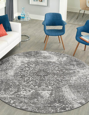 Gray 7' 1 x 7' 1 Sofia Round Area Rug Durable Easy Clean Stain Resistant Unique Carpet for Affordable Interior Home Design for Sale at Rug Engine