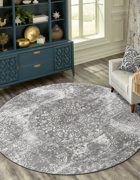 Gray 5' 3 x 5' 3 Sofia Round Area Rug Durable Easy Clean Stain Resistant Unique Carpet for Affordable Interior Home Design for Sale at Rug Engine