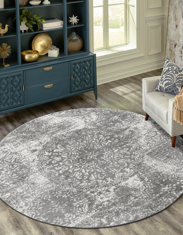 Gray 5' 3 x 5' 3 Sofia Round Area Rug Durable Easy Clean Stain Resistant Unique Carpet for Affordable Interior Home Design for Sale at Rug Engine