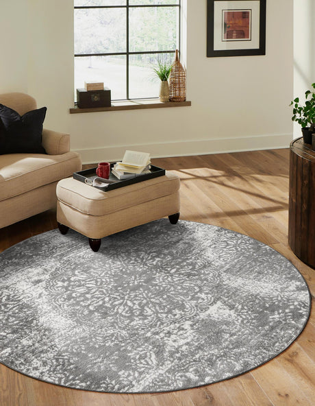 Gray 7' 1 x 7' 1 Sofia Round Area Rug Durable Easy Clean Stain Resistant Unique Carpet for Affordable Interior Home Design for Sale at Rug Engine