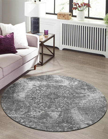 Gray 5' 3 x 5' 3 Sofia Round Area Rug Durable Easy Clean Stain Resistant Unique Carpet for Affordable Interior Home Design for Sale at Rug Engine
