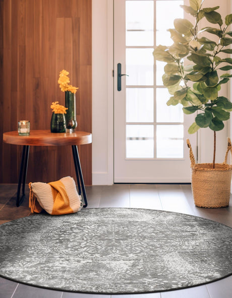 Gray 7' 1 x 7' 1 Sofia Round Area Rug Durable Easy Clean Stain Resistant Unique Carpet for Affordable Interior Home Design for Sale at Rug Engine
