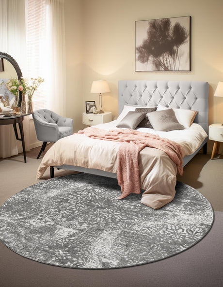 Gray 5' 3 x 5' 3 Sofia Round Area Rug Durable Easy Clean Stain Resistant Unique Carpet for Affordable Interior Home Design for Sale at Rug Engine
