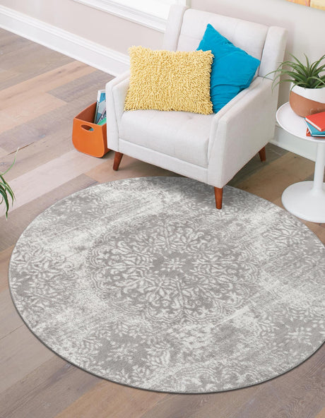 Light Gray 7' 10 x 7' 10 Sofia Round Area Rug Durable Easy Clean Stain Resistant Unique Carpet for Affordable Interior Home Design for Sale at Rug Engine