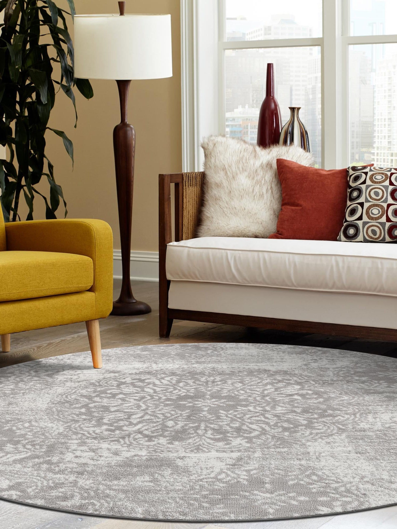 Light Gray 7' 1 x 7' 1 Sofia Round Area Rug Durable Easy Clean Stain Resistant Unique Carpet for Affordable Interior Home Design for Sale at Rug Engine