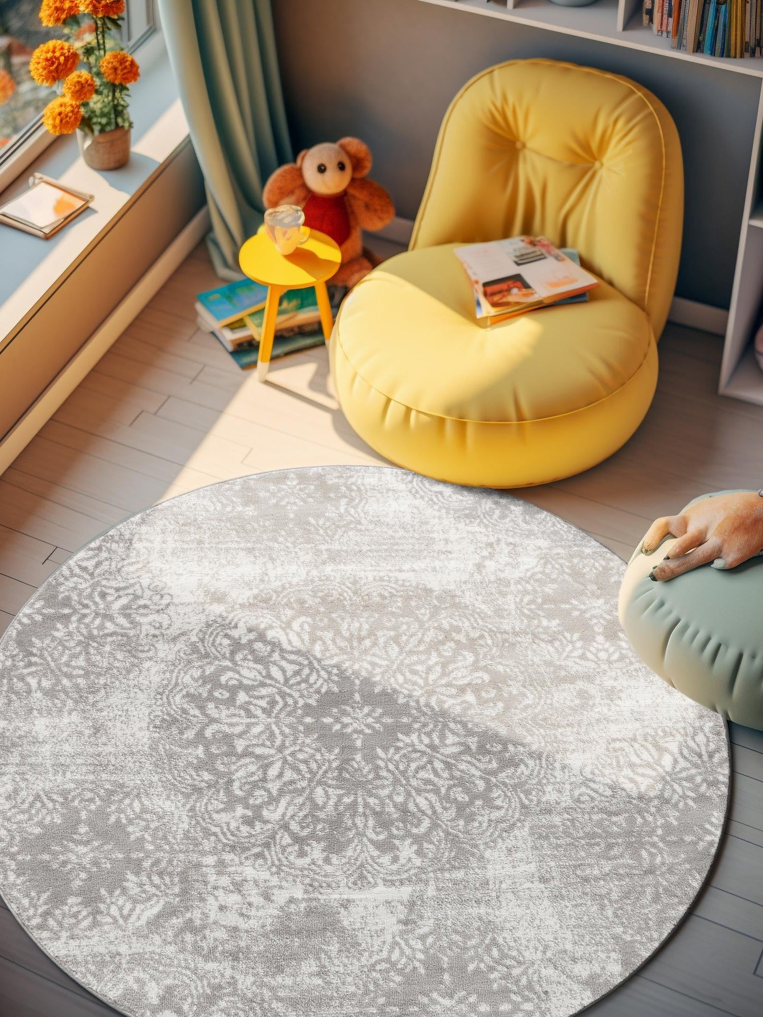 Light Gray 5' 3 x 5' 3 Sofia Round Area Rug Durable Easy Clean Stain Resistant Unique Carpet for Affordable Interior Home Design for Sale at Rug Engine