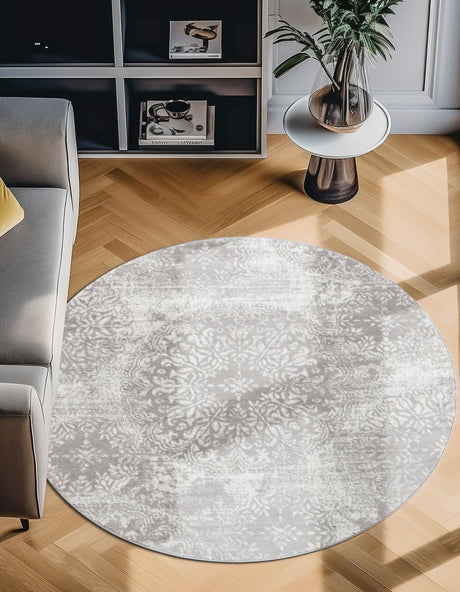 Light Gray 7' 1 x 7' 1 Sofia Round Area Rug Durable Easy Clean Stain Resistant Unique Carpet for Affordable Interior Home Design for Sale at Rug Engine