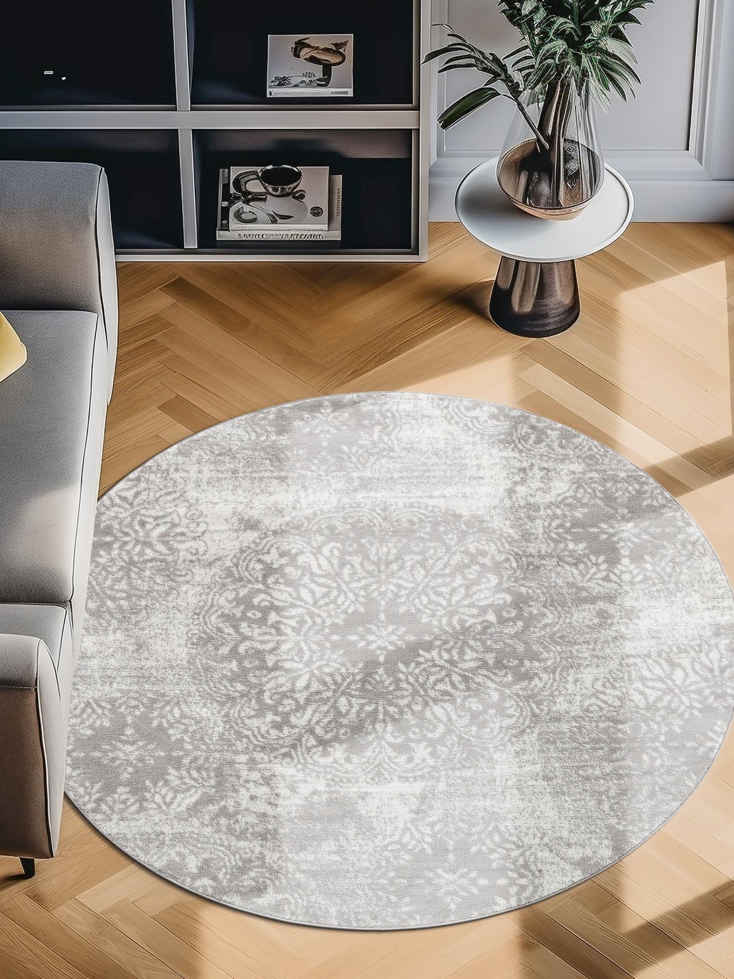 Light Gray 7' 10 x 7' 10 Sofia Round Area Rug Durable Easy Clean Stain Resistant Unique Carpet for Affordable Interior Home Design for Sale at Rug Engine