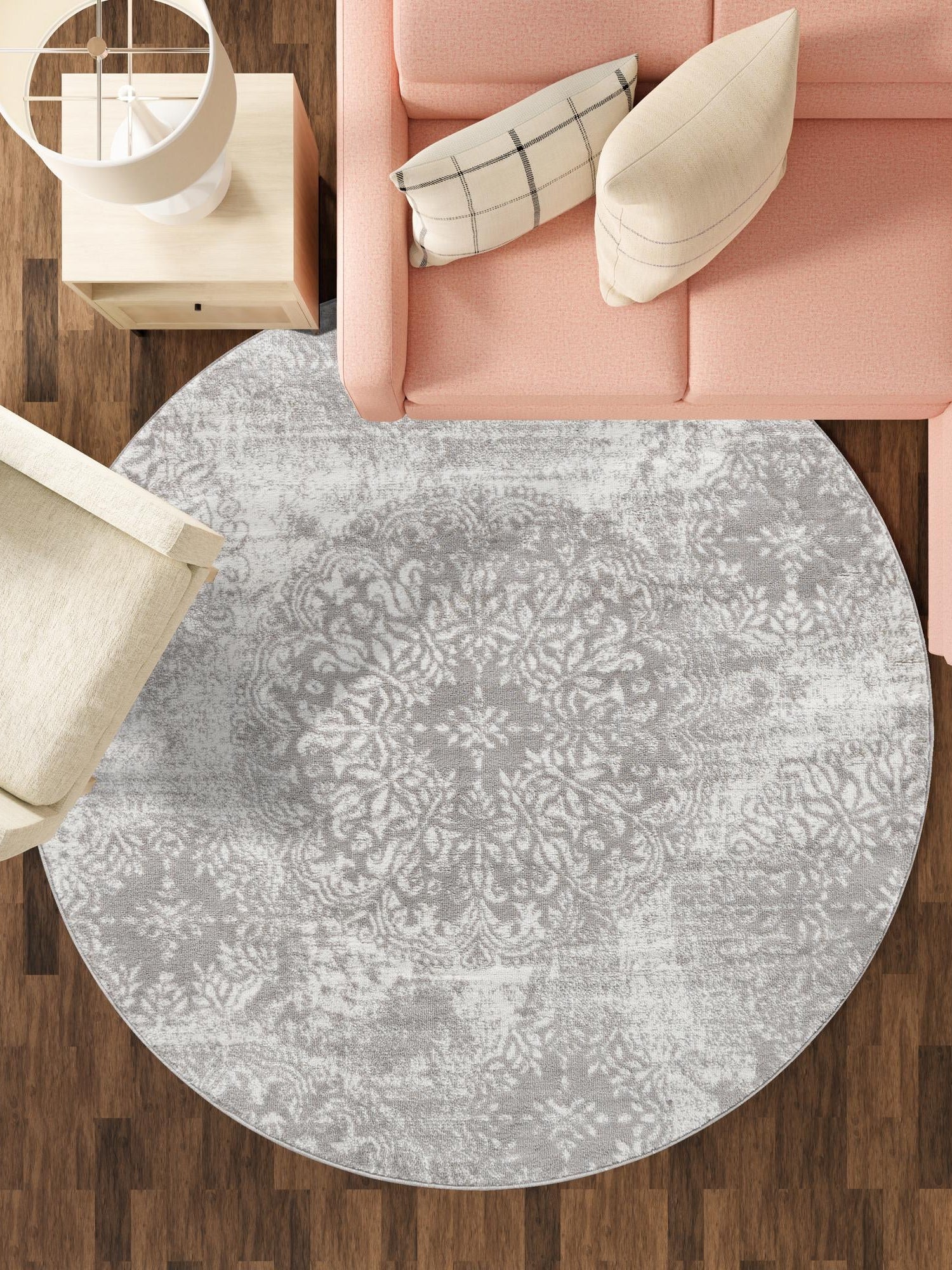 Light Gray 5' 3 x 5' 3 Sofia Round Area Rug Durable Easy Clean Stain Resistant Unique Carpet for Affordable Interior Home Design for Sale at Rug Engine