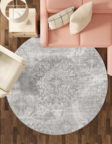 Light Gray 7' 10 x 7' 10 Sofia Round Area Rug Durable Easy Clean Stain Resistant Unique Carpet for Affordable Interior Home Design for Sale at Rug Engine