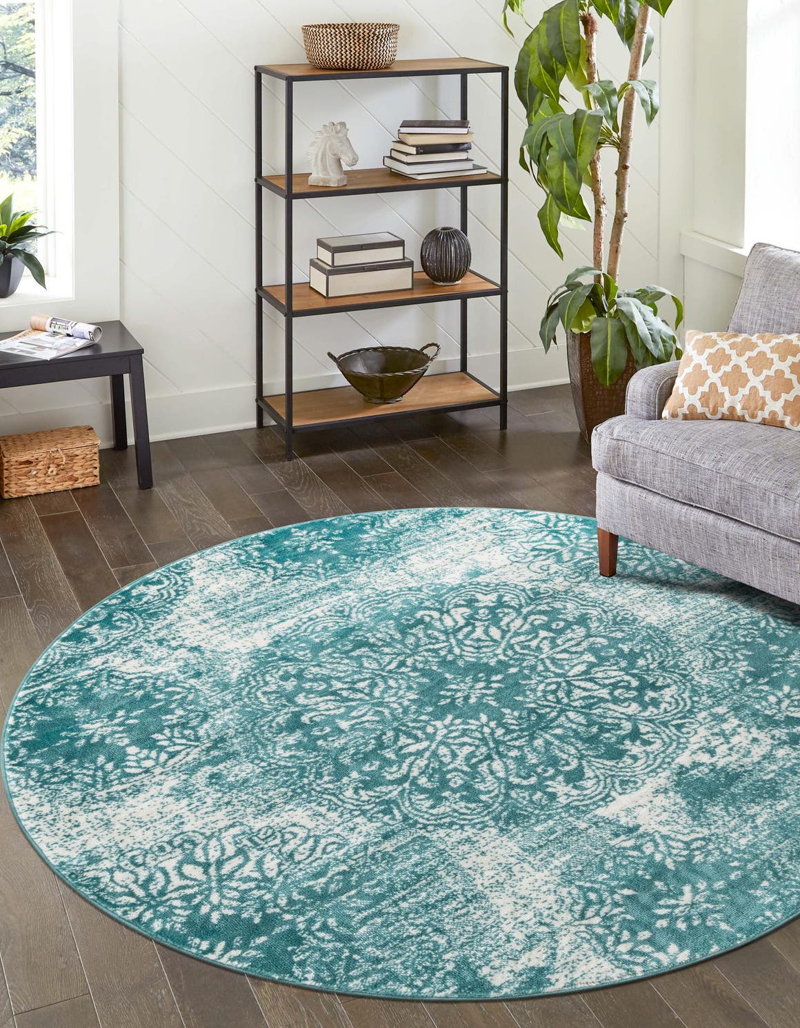 Turquoise 7' 1 x 7' 1 Sofia Round Area Rug Durable Easy Clean Stain Resistant Unique Carpet for Affordable Interior Home Design for Sale at Rug Engine