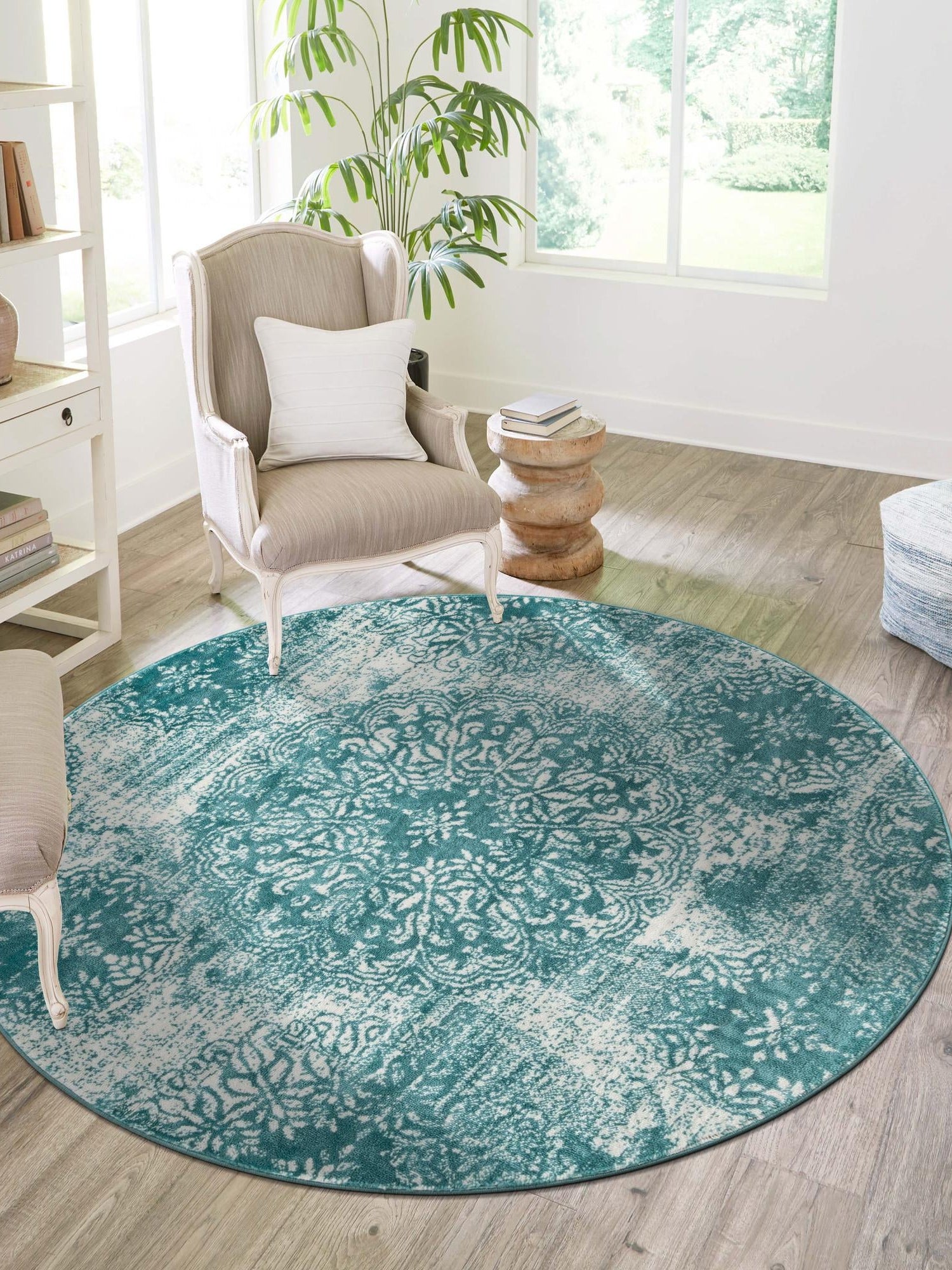 Turquoise 5' 3 x 5' 3 Sofia Round Area Rug Durable Easy Clean Stain Resistant Unique Carpet for Affordable Interior Home Design for Sale at Rug Engine