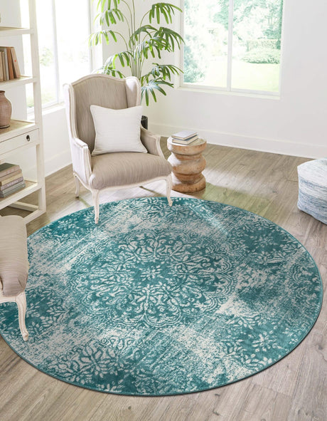 Turquoise 5' 3 x 5' 3 Sofia Round Area Rug Durable Easy Clean Stain Resistant Unique Carpet for Affordable Interior Home Design for Sale at Rug Engine