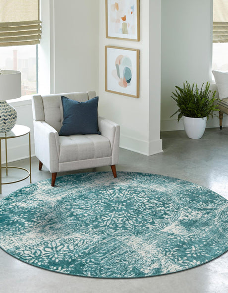 Turquoise 7' 1 x 7' 1 Sofia Round Area Rug Durable Easy Clean Stain Resistant Unique Carpet for Affordable Interior Home Design for Sale at Rug Engine