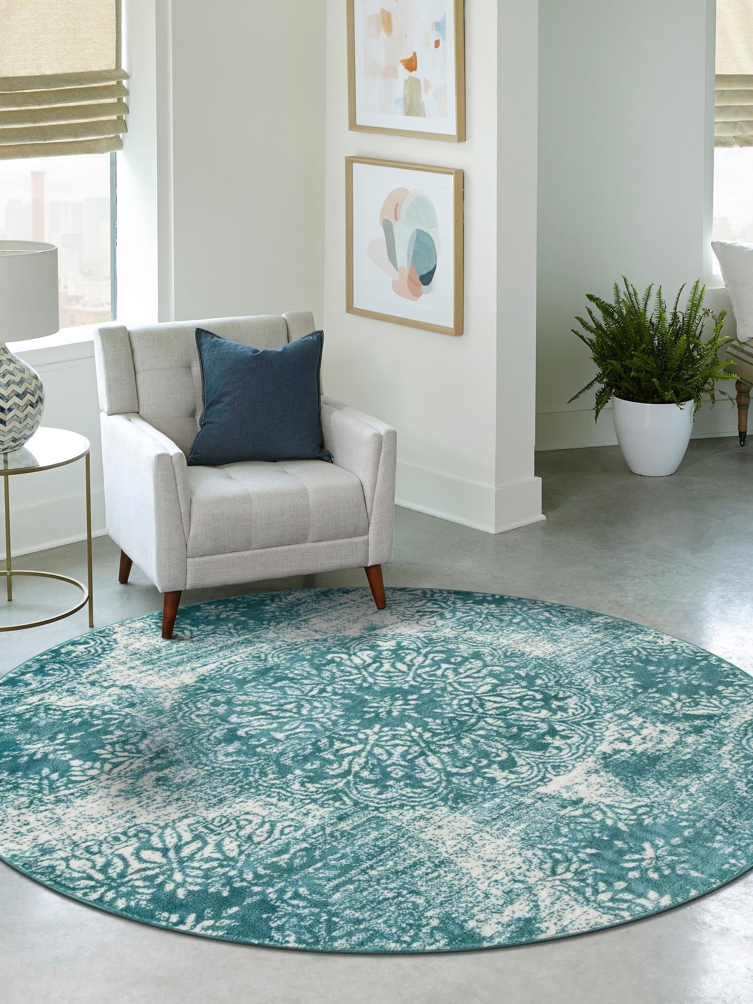 Turquoise 5' 3 x 5' 3 Sofia Round Area Rug Durable Easy Clean Stain Resistant Unique Carpet for Affordable Interior Home Design for Sale at Rug Engine