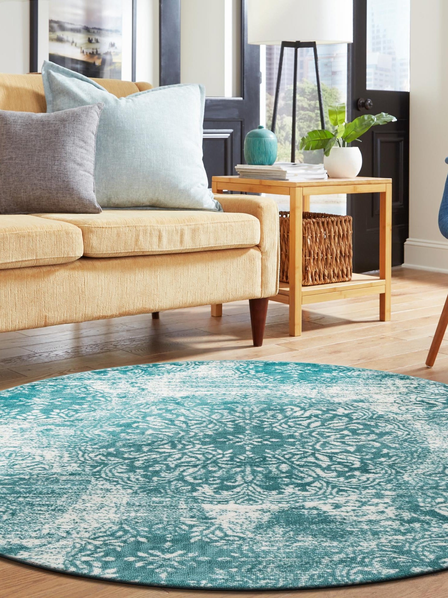 Turquoise 5' 3 x 5' 3 Sofia Round Area Rug Durable Easy Clean Stain Resistant Unique Carpet for Affordable Interior Home Design for Sale at Rug Engine