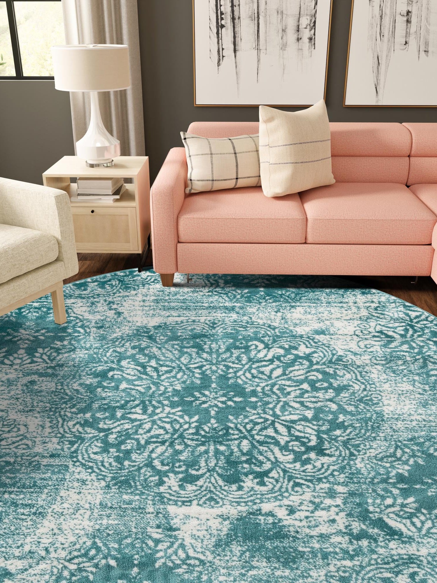 Turquoise 5' 3 x 5' 3 Sofia Round Area Rug Durable Easy Clean Stain Resistant Unique Carpet for Affordable Interior Home Design for Sale at Rug Engine