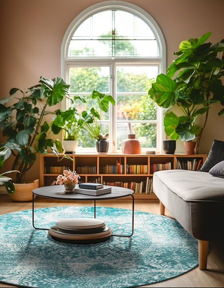 Turquoise 5' 3 x 5' 3 Sofia Round Area Rug Durable Easy Clean Stain Resistant Unique Carpet for Affordable Interior Home Design for Sale at Rug Engine