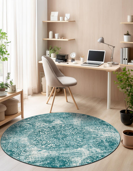 Turquoise 5' 3 x 5' 3 Sofia Round Area Rug Durable Easy Clean Stain Resistant Unique Carpet for Affordable Interior Home Design for Sale at Rug Engine