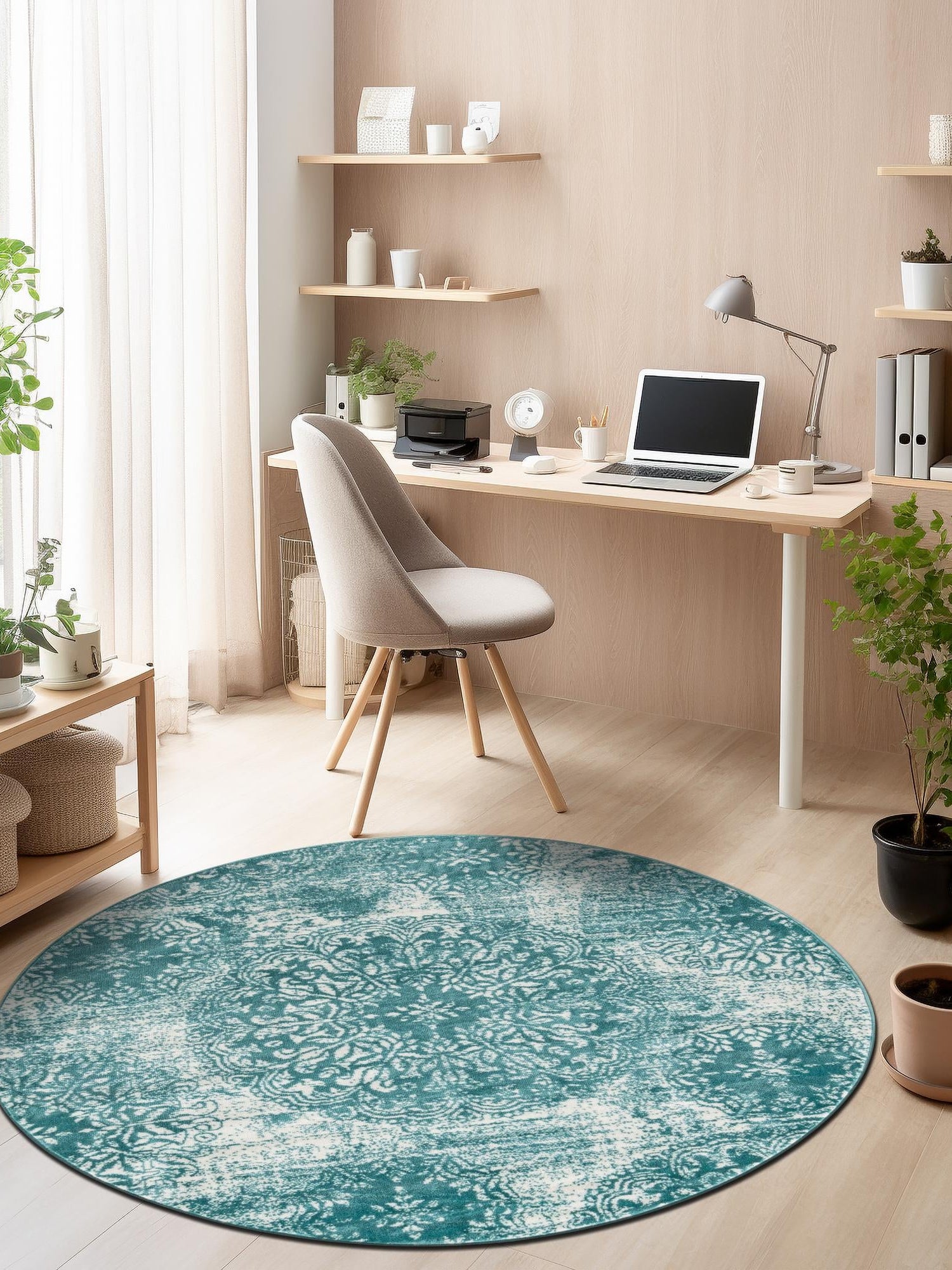 Turquoise 7' 1 x 7' 1 Sofia Round Area Rug Durable Easy Clean Stain Resistant Unique Carpet for Affordable Interior Home Design for Sale at Rug Engine