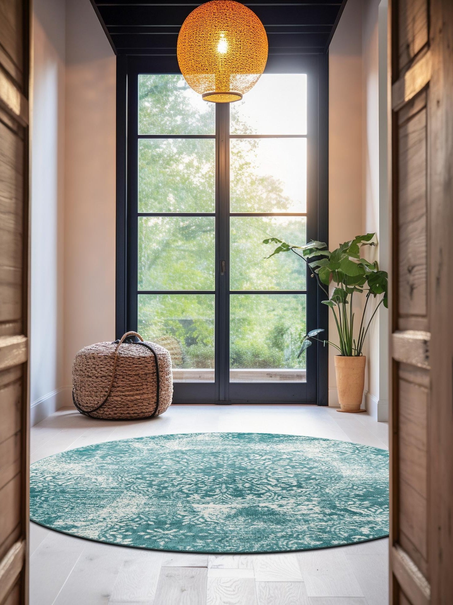 Turquoise 7' 1 x 7' 1 Sofia Round Area Rug Durable Easy Clean Stain Resistant Unique Carpet for Affordable Interior Home Design for Sale at Rug Engine