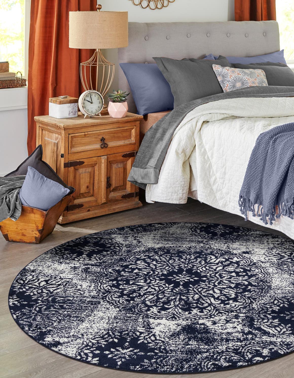 Navy Blue 5' 3 x 5' 3 Sofia Round Area Rug Durable Easy Clean Stain Resistant Unique Carpet for Affordable Interior Home Design for Sale at Rug Engine