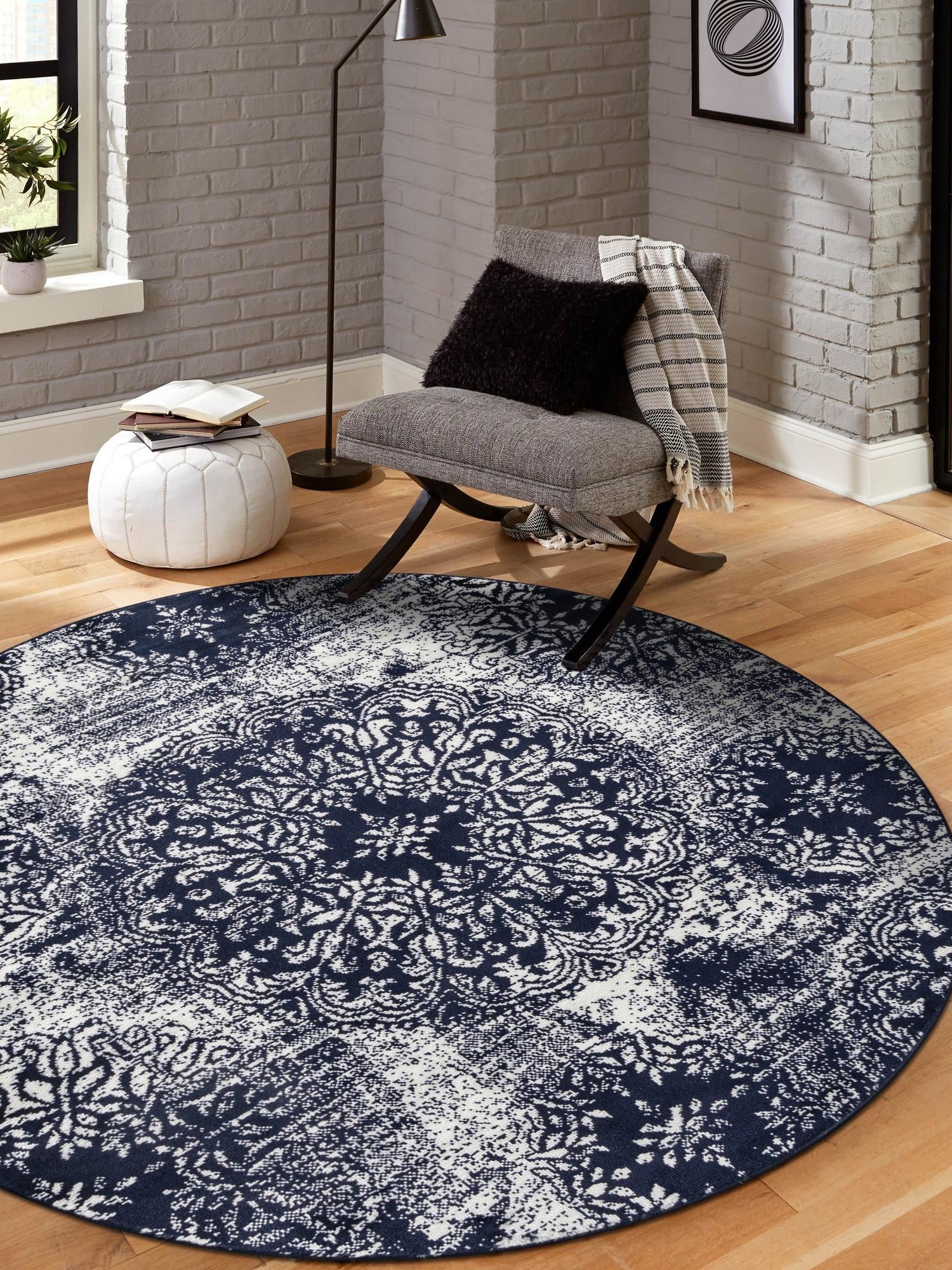 Navy Blue 7' 1 x 7' 1 Sofia Round Area Rug Durable Easy Clean Stain Resistant Unique Carpet for Affordable Interior Home Design for Sale at Rug Engine
