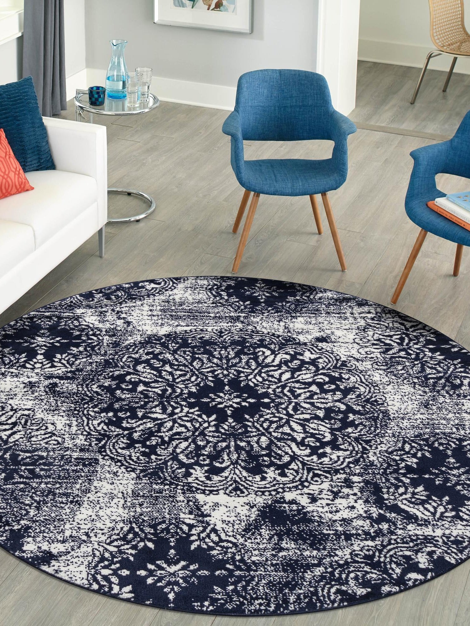 Navy Blue 7' 1 x 7' 1 Sofia Round Area Rug Durable Easy Clean Stain Resistant Unique Carpet for Affordable Interior Home Design for Sale at Rug Engine