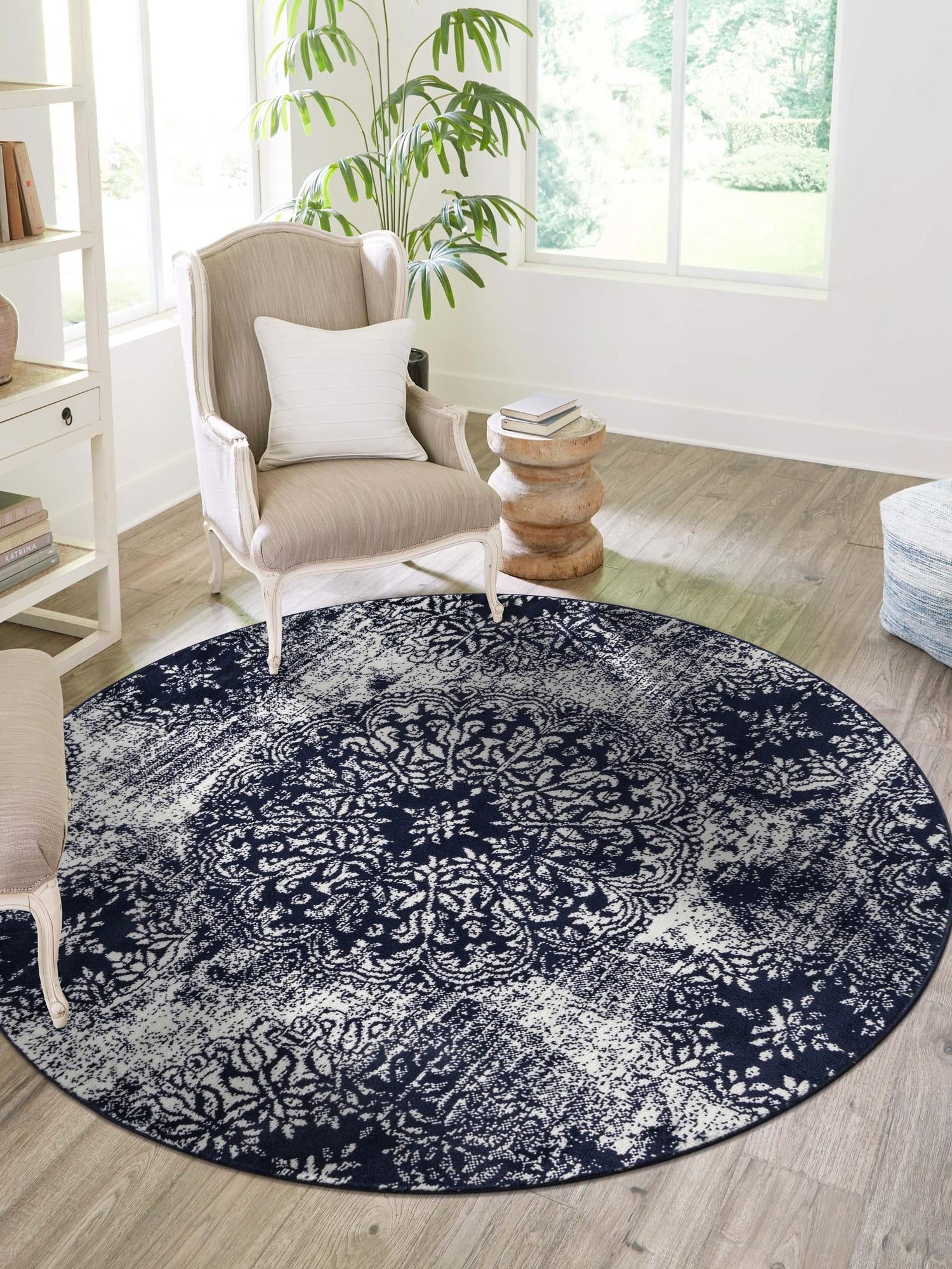 Navy Blue 7' 1 x 7' 1 Sofia Round Area Rug Durable Easy Clean Stain Resistant Unique Carpet for Affordable Interior Home Design for Sale at Rug Engine