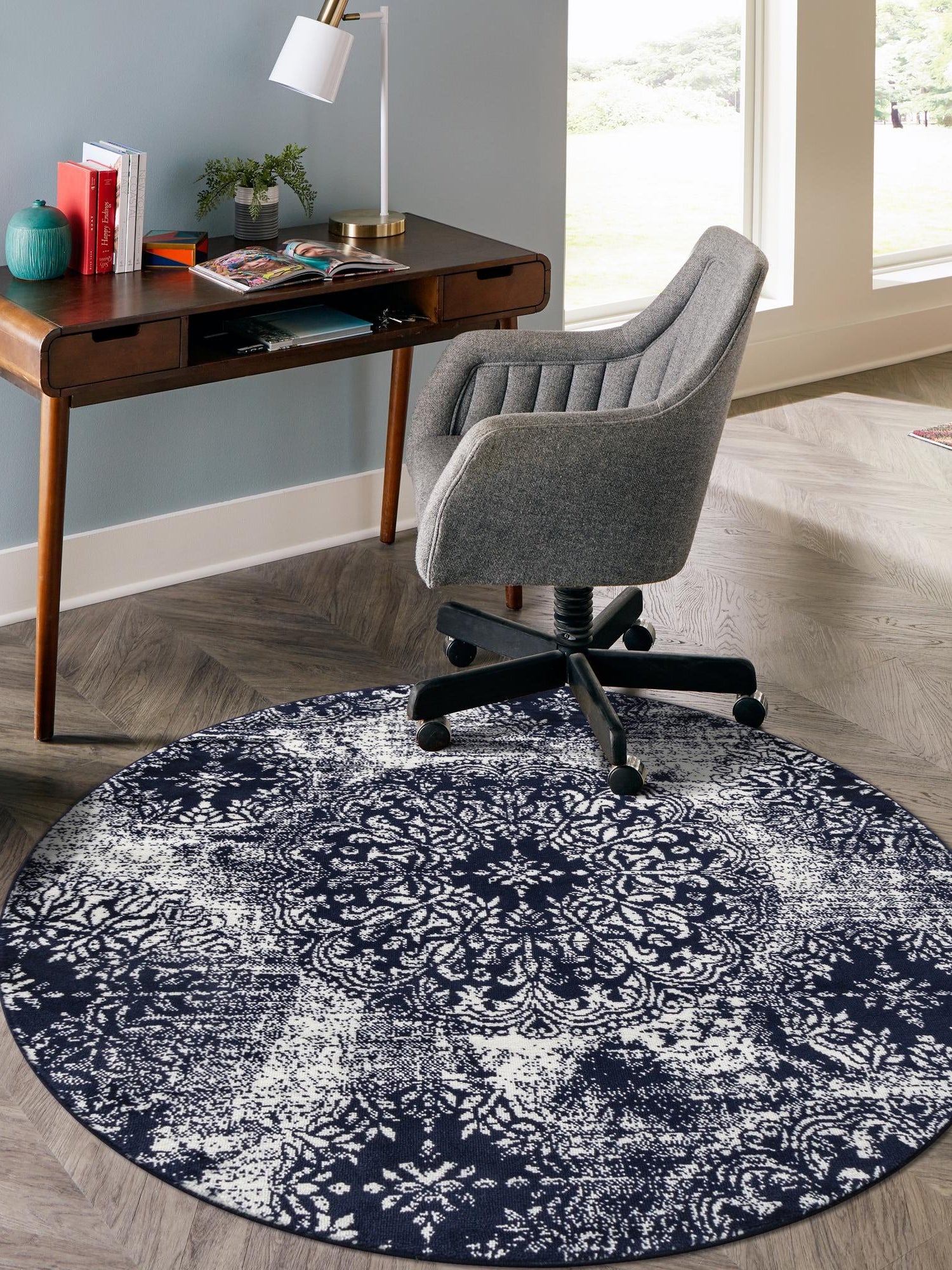 Navy Blue 7' 1 x 7' 1 Sofia Round Area Rug Durable Easy Clean Stain Resistant Unique Carpet for Affordable Interior Home Design for Sale at Rug Engine