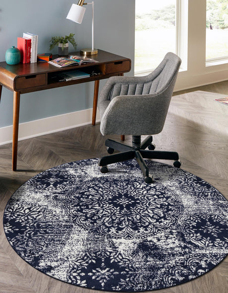 Navy Blue 7' 1 x 7' 1 Sofia Round Area Rug Durable Easy Clean Stain Resistant Unique Carpet for Affordable Interior Home Design for Sale at Rug Engine