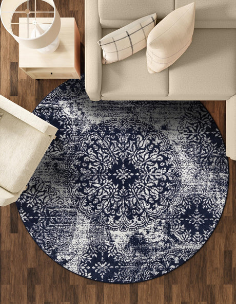 Navy Blue 5' 3 x 5' 3 Sofia Round Area Rug Durable Easy Clean Stain Resistant Unique Carpet for Affordable Interior Home Design for Sale at Rug Engine