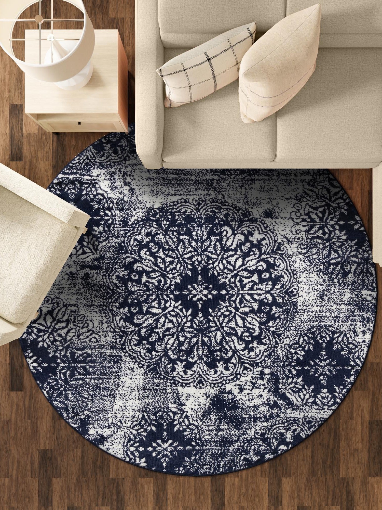 Navy Blue 7' 1 x 7' 1 Sofia Round Area Rug Durable Easy Clean Stain Resistant Unique Carpet for Affordable Interior Home Design for Sale at Rug Engine