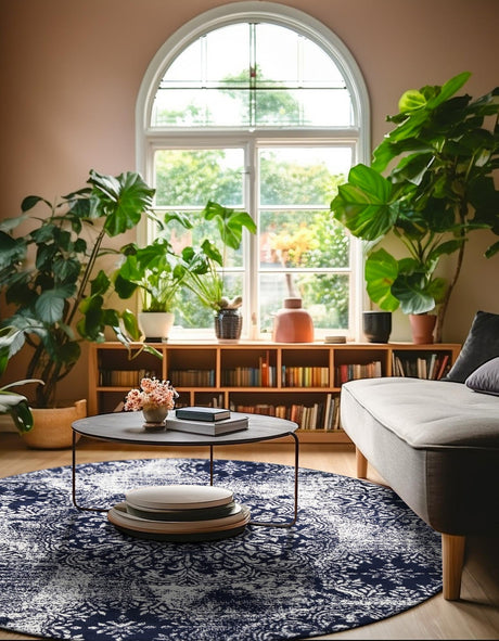 Navy Blue 5' 3 x 5' 3 Sofia Round Area Rug Durable Easy Clean Stain Resistant Unique Carpet for Affordable Interior Home Design for Sale at Rug Engine