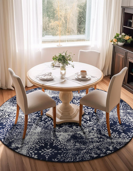 Navy Blue 5' 3 x 5' 3 Sofia Round Area Rug Durable Easy Clean Stain Resistant Unique Carpet for Affordable Interior Home Design for Sale at Rug Engine