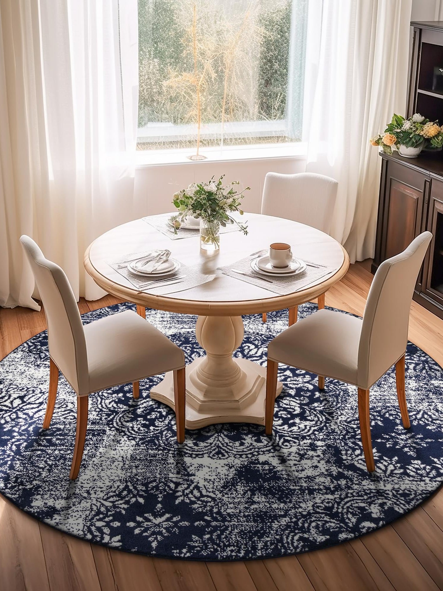 Navy Blue 7' 1 x 7' 1 Sofia Round Area Rug Durable Easy Clean Stain Resistant Unique Carpet for Affordable Interior Home Design for Sale at Rug Engine