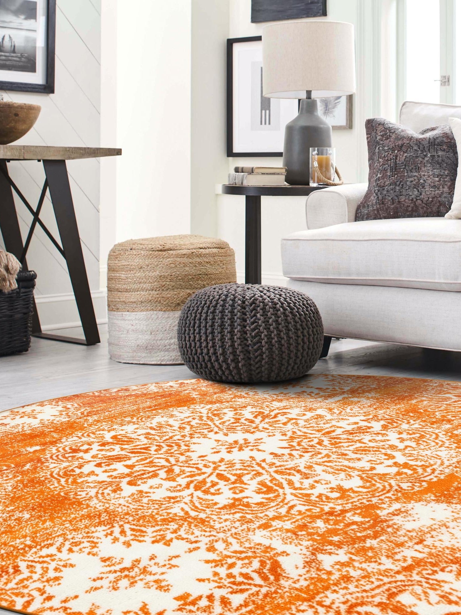 Orange 5' 3 x 5' 3 Sofia Round Area Rug Durable Easy Clean Stain Resistant Unique Carpet for Affordable Interior Home Design for Sale at Rug Engine