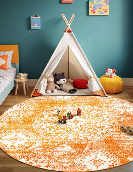 Orange 7' 1 x 7' 1 Sofia Round Area Rug Durable Easy Clean Stain Resistant Unique Carpet for Affordable Interior Home Design for Sale at Rug Engine
