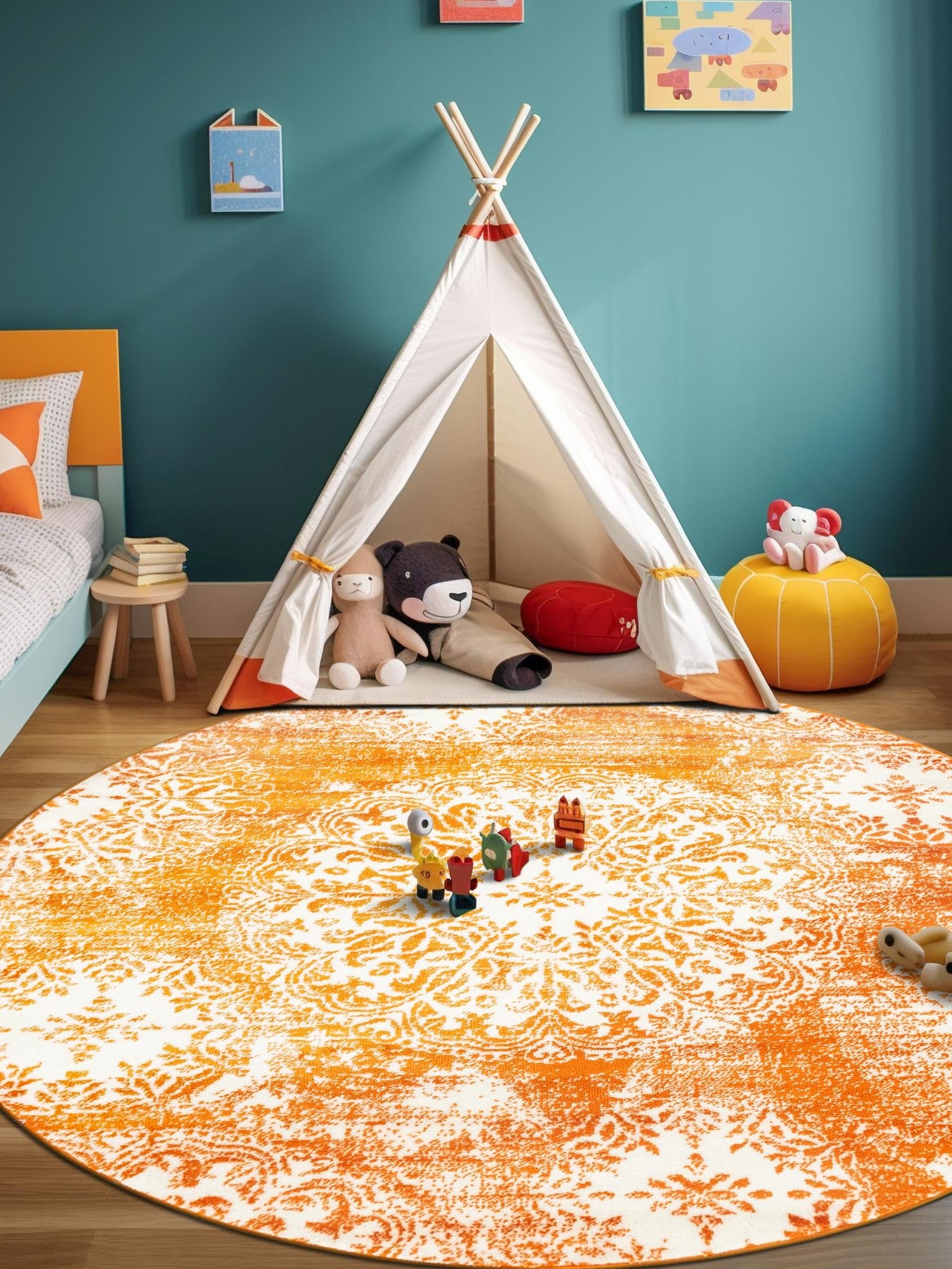 Orange 5' 3 x 5' 3 Sofia Round Area Rug Durable Easy Clean Stain Resistant Unique Carpet for Affordable Interior Home Design for Sale at Rug Engine