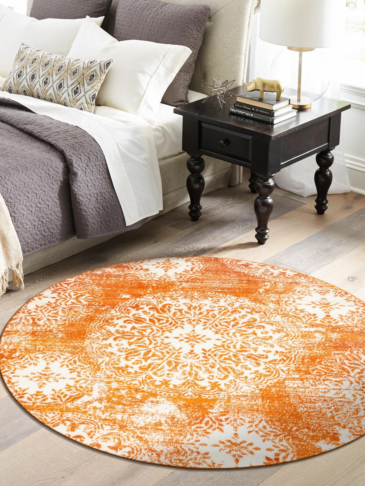 Orange 5' 3 x 5' 3 Sofia Round Area Rug Durable Easy Clean Stain Resistant Unique Carpet for Affordable Interior Home Design for Sale at Rug Engine