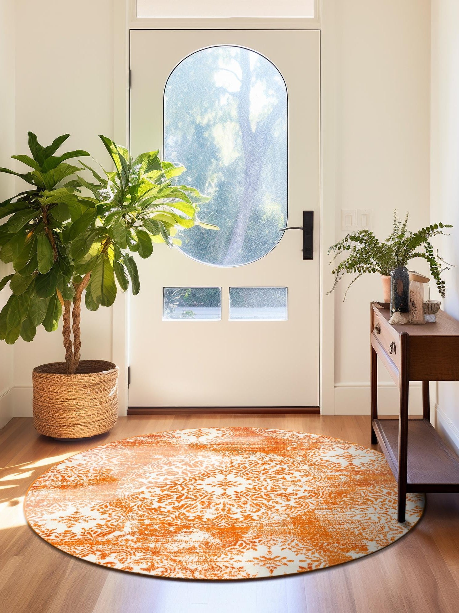 Orange 5' 3 x 5' 3 Sofia Round Area Rug Durable Easy Clean Stain Resistant Unique Carpet for Affordable Interior Home Design for Sale at Rug Engine